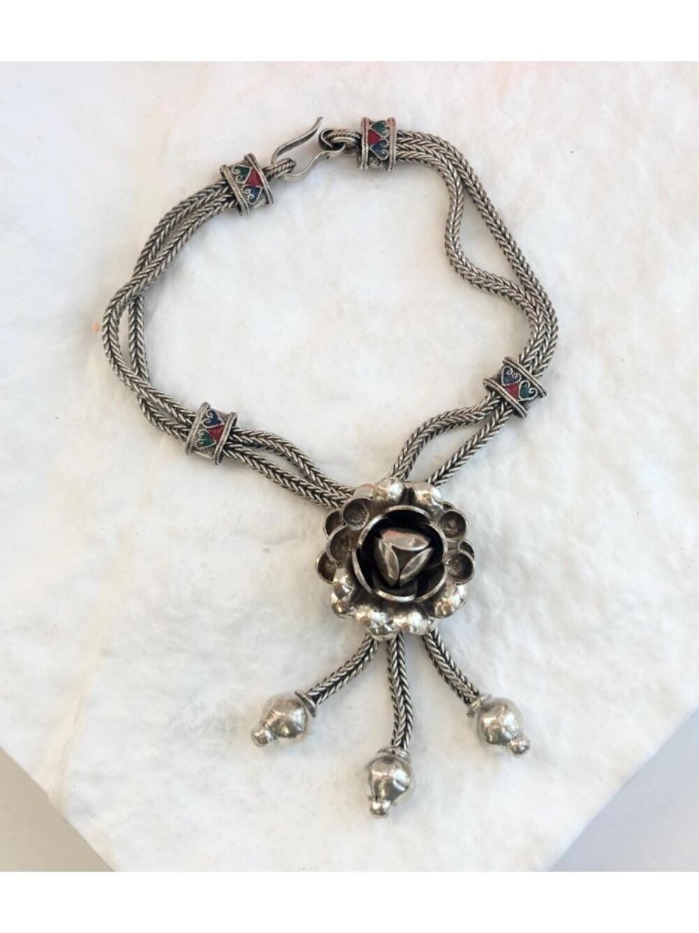 Chunky Petaled Rose Sterling Silver 925 Foxtail Heart Enamel Bracelet